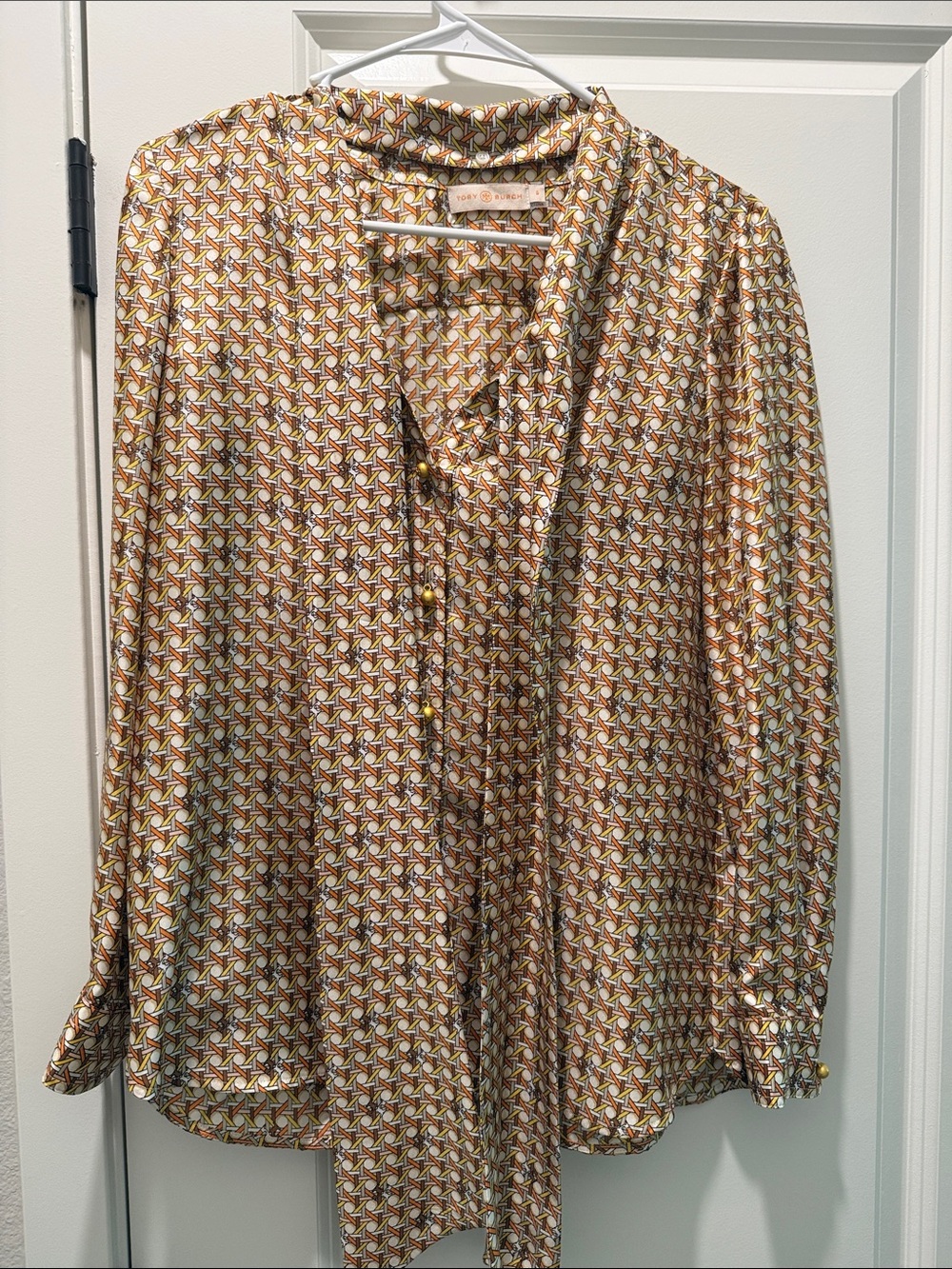 Tory Burch Brown, Gold and Cream Geometric Tie-Neck Blouse